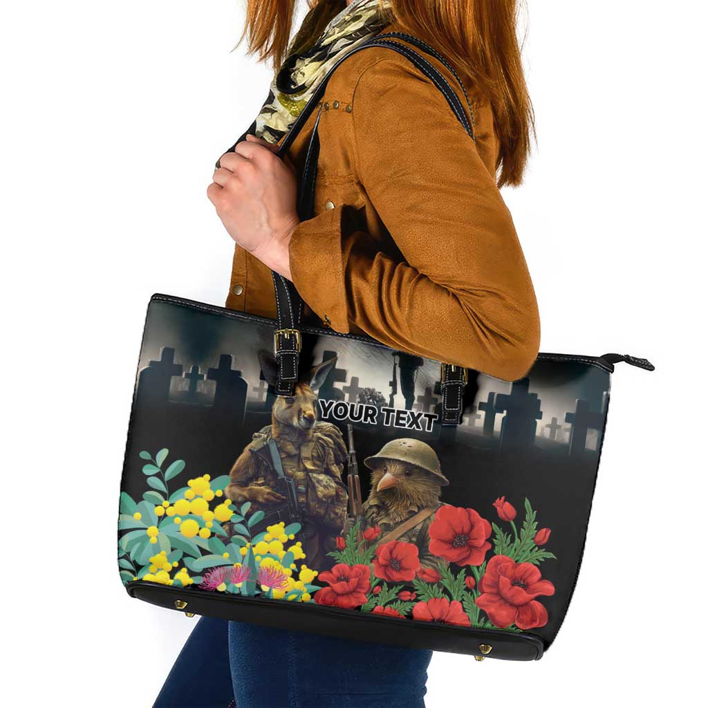 Kangaroo-Kiwi Soldier ANZAC Personalised Leather Tote Bag Golden Wattle Poppy Flowers