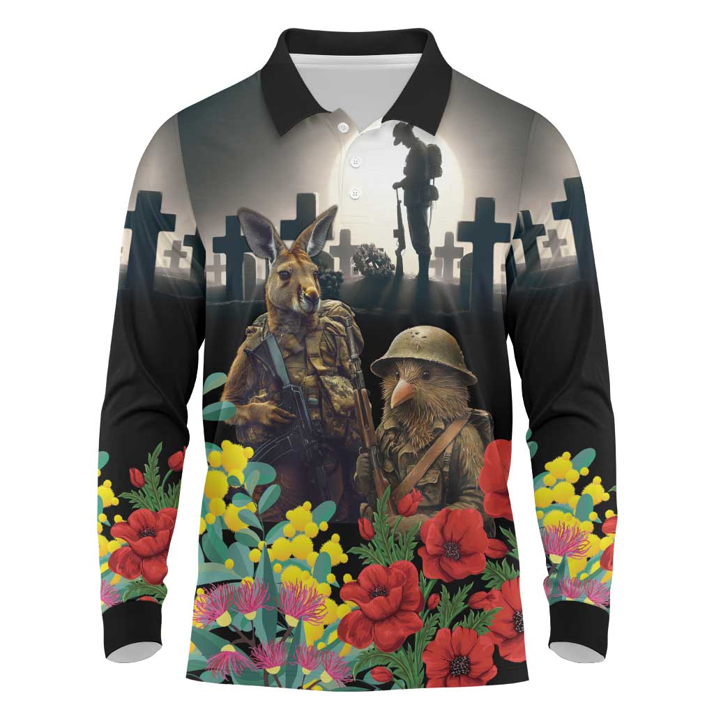 Kangaroo-Kiwi Soldier ANZAC Personalised Long Sleeve Polo Shirt Golden Wattle Poppy Flowers