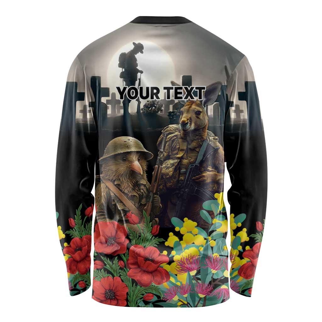 Kangaroo-Kiwi Soldier ANZAC Personalised Long Sleeve Shirt Golden Wattle Poppy Flowers