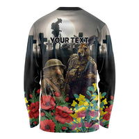Kangaroo-Kiwi Soldier ANZAC Personalised Long Sleeve Shirt Golden Wattle Poppy Flowers