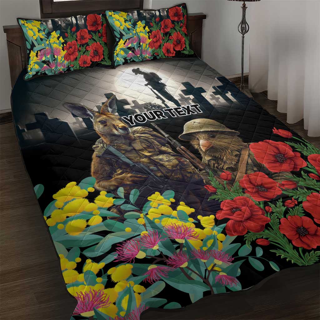 Kangaroo-Kiwi Soldier ANZAC Personalised Quilt Bed Set Golden Wattle Poppy Flowers