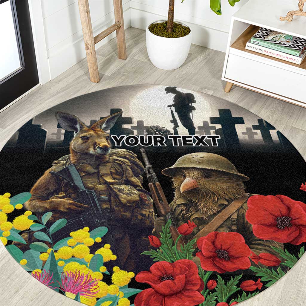 Kangaroo-Kiwi Soldier ANZAC Personalised Round Carpet Golden Wattle Poppy Flowers
