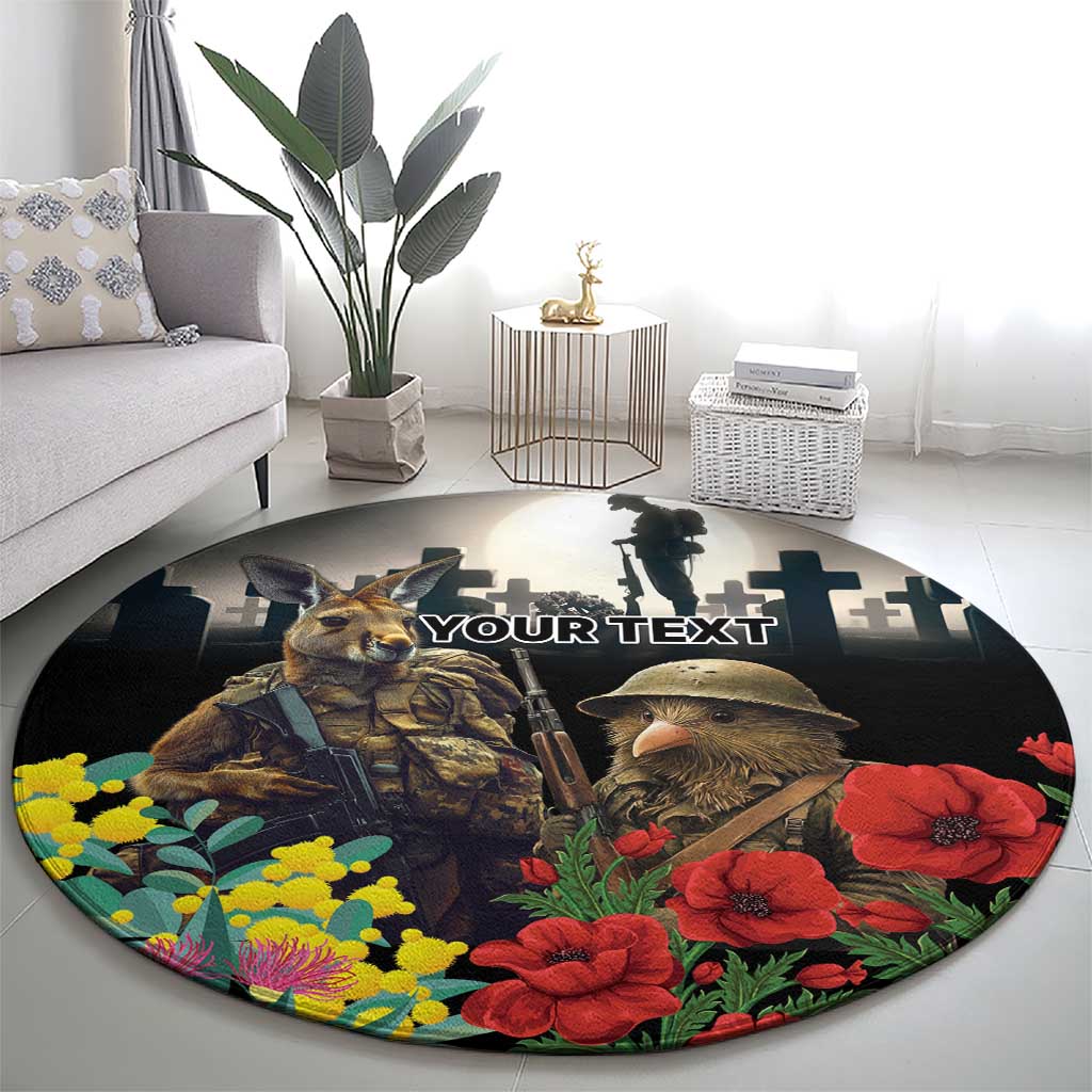 Kangaroo-Kiwi Soldier ANZAC Personalised Round Carpet Golden Wattle Poppy Flowers