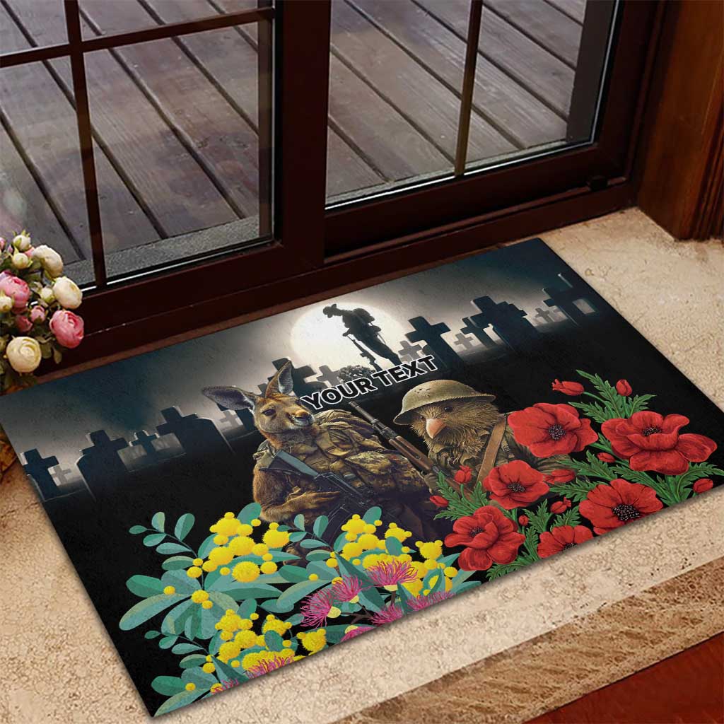 Kangaroo-Kiwi Soldier ANZAC Personalised Rubber Doormat Golden Wattle Poppy Flowers