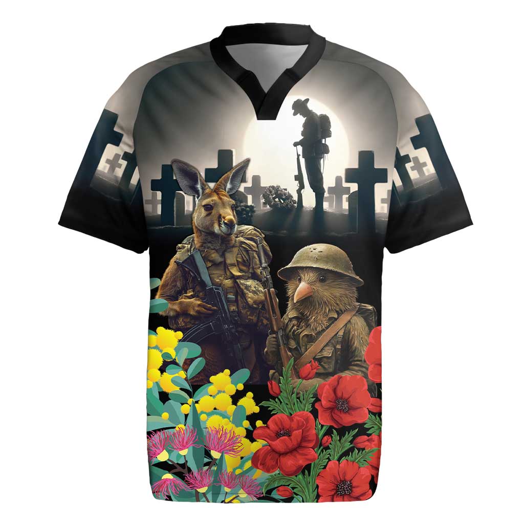 Kangaroo-Kiwi Soldier ANZAC Personalised Rugby Jersey Golden Wattle Poppy Flowers LT9 Black - Polynesian Pride
