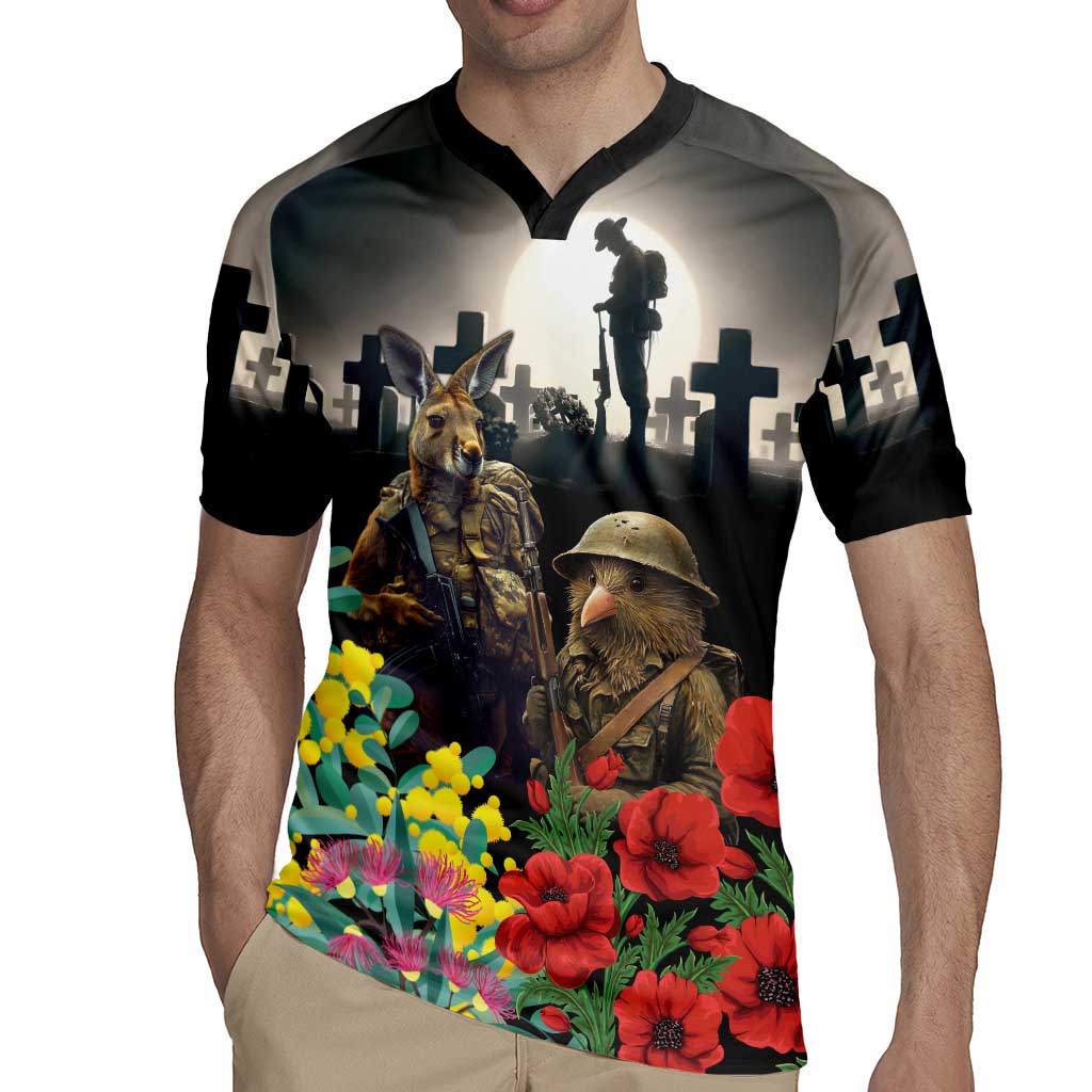 Kangaroo-Kiwi Soldier ANZAC Personalised Rugby Jersey Golden Wattle Poppy Flowers LT9 - Polynesian Pride
