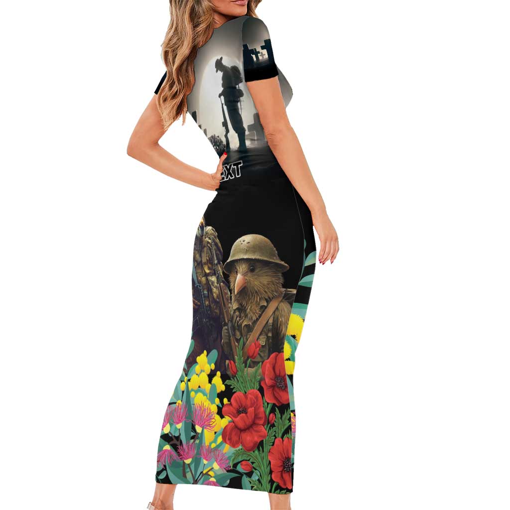 Kangaroo-Kiwi Soldier ANZAC Personalised Short Sleeve Bodycon Dress Golden Wattle Poppy Flowers