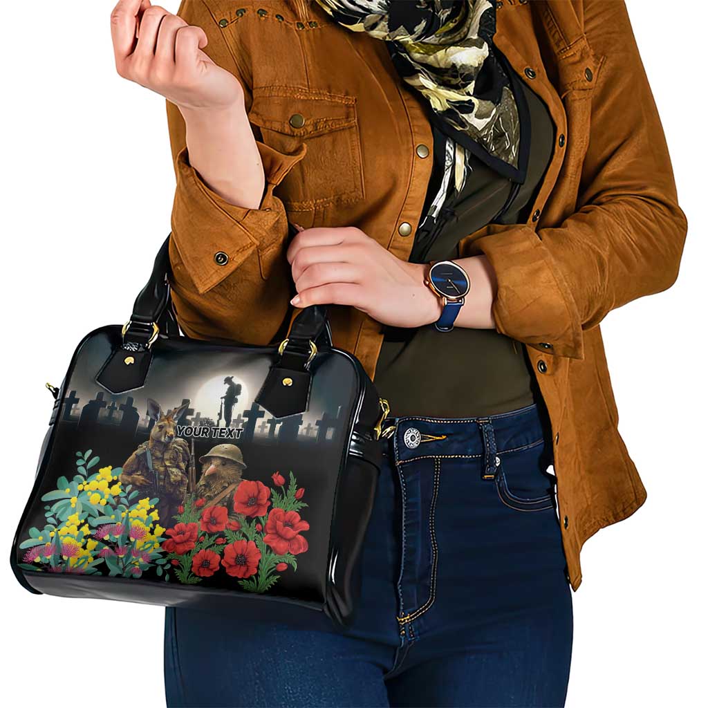 Kangaroo-Kiwi Soldier ANZAC Personalised Shoulder Handbag Golden Wattle Poppy Flowers