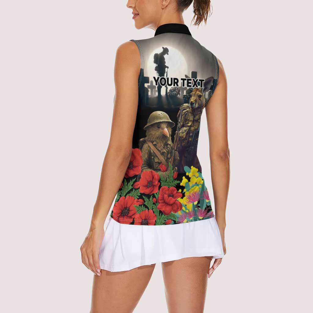Kangaroo-Kiwi Soldier ANZAC Personalised Women Sleeveless Polo Shirt Golden Wattle Poppy Flowers