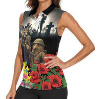 Kangaroo-Kiwi Soldier ANZAC Personalised Women Sleeveless Polo Shirt Golden Wattle Poppy Flowers