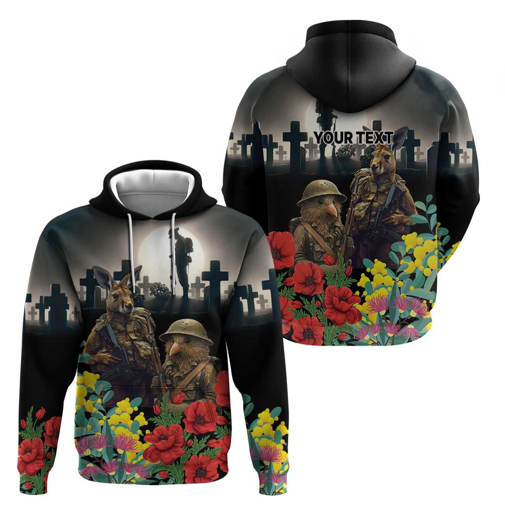 Kangaroo-Kiwi Soldier ANZAC Personalised Zip Hoodie Golden Wattle Poppy Flowers