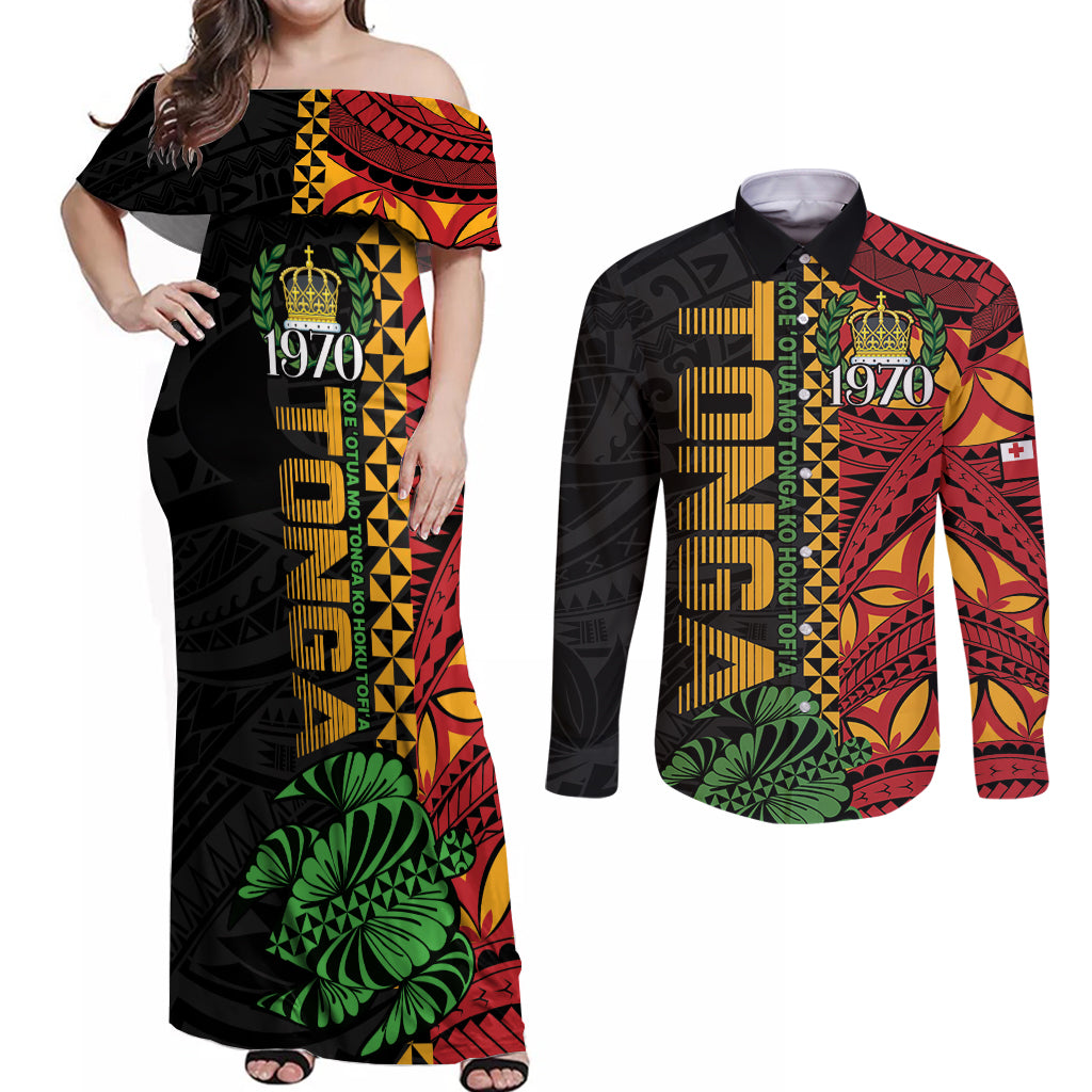Personalised Tonga Emancipation Day Couples Matching Off Shoulder Maxi Dress and Long Sleeve Button Shirt Puleanga Fakatui O Since 1970 LT9 Red - Polynesian Pride