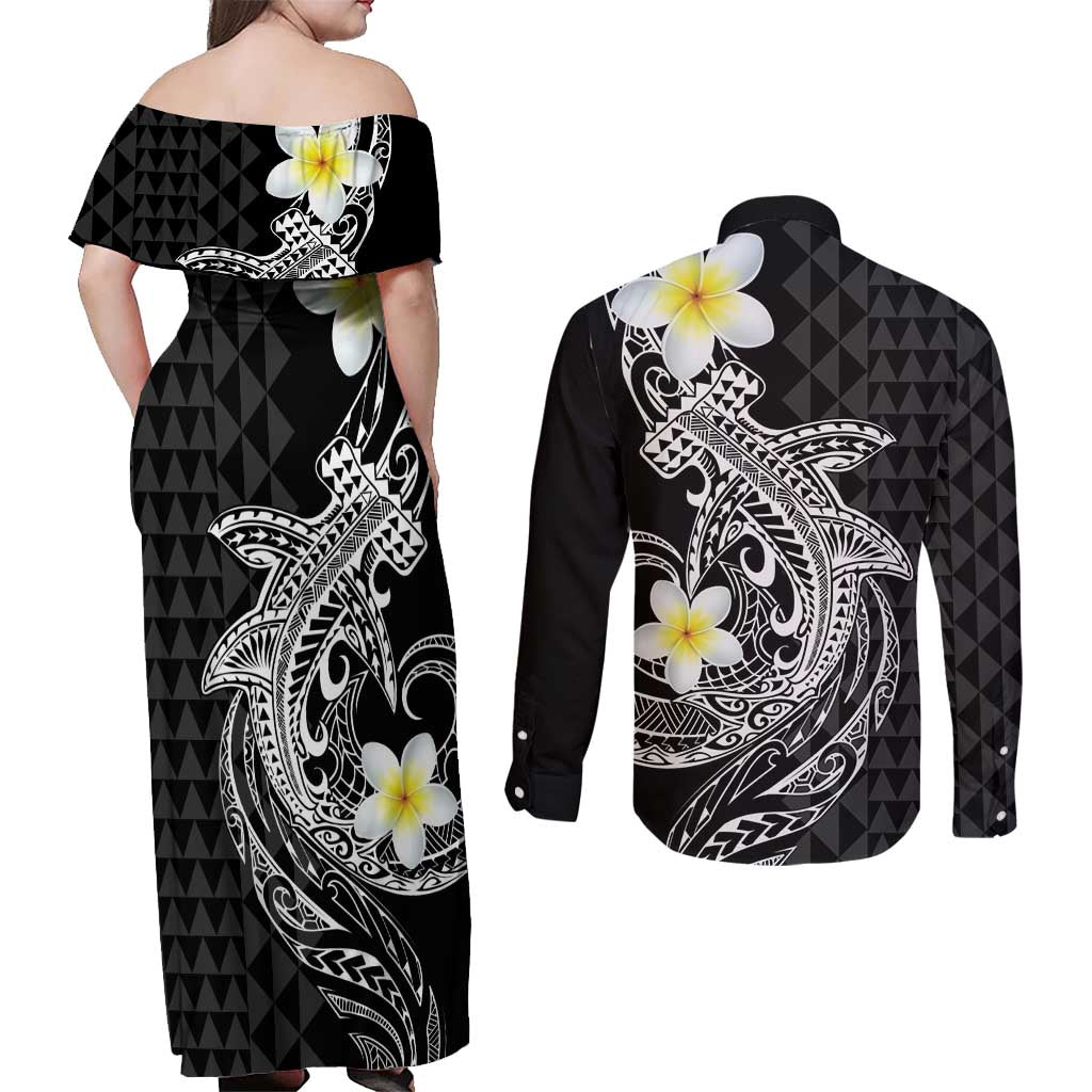 Aloha Hammerhead Shark Couples Matching Off Shoulder Maxi Dress and Long Sleeve Button Shirt Black Hawaiian Kakau Tribal Tattoo