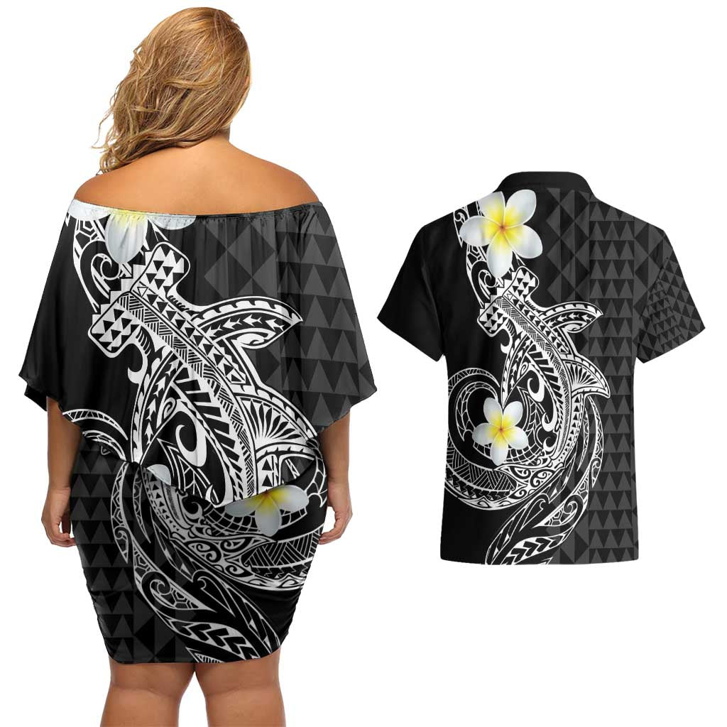 Aloha Hammerhead Shark Couples Matching Off Shoulder Short Dress and Hawaiian Shirt Black Hawaiian Kakau Tribal Tattoo