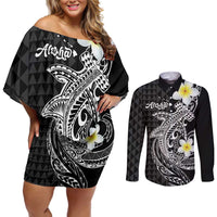 Aloha Hammerhead Shark Couples Matching Off Shoulder Short Dress and Long Sleeve Button Shirt Black Hawaiian Kakau Tribal Tattoo