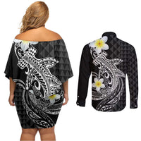 Aloha Hammerhead Shark Couples Matching Off Shoulder Short Dress and Long Sleeve Button Shirt Black Hawaiian Kakau Tribal Tattoo