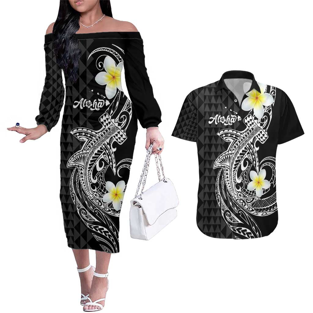 Aloha Hammerhead Shark Couples Matching Off The Shoulder Long Sleeve Dress and Hawaiian Shirt Black Hawaiian Kakau Tribal Tattoo