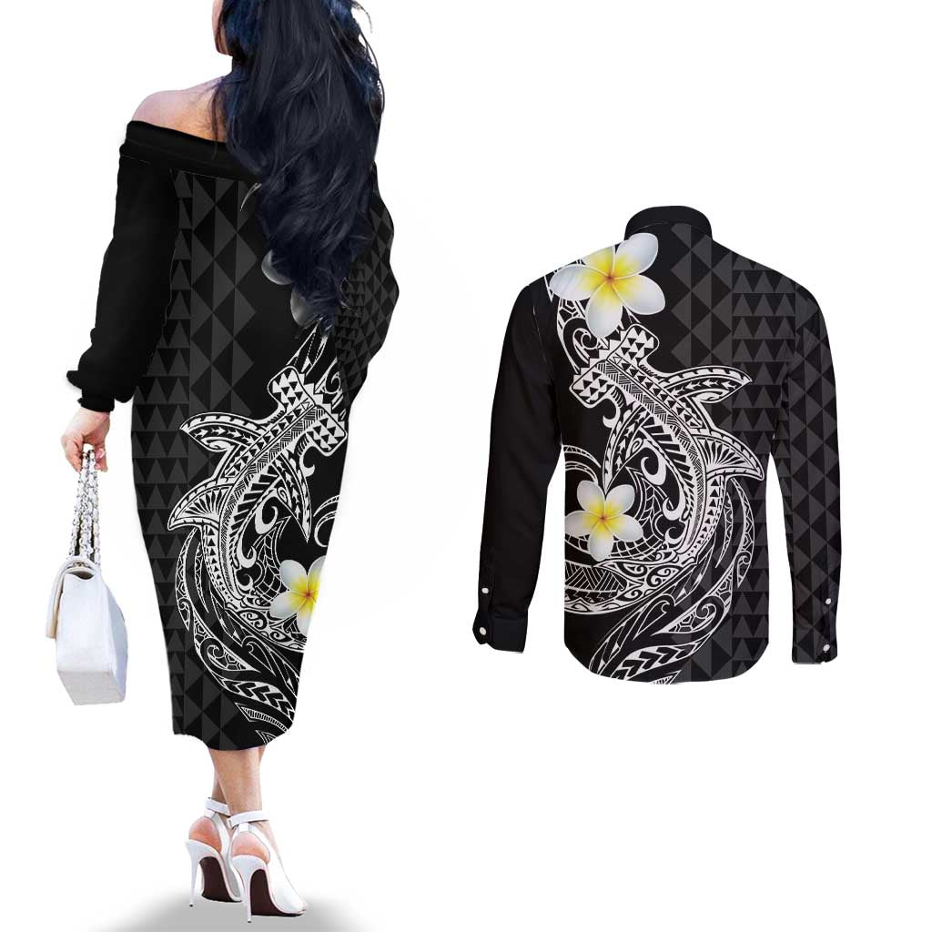 Aloha Hammerhead Shark Couples Matching Off The Shoulder Long Sleeve Dress and Long Sleeve Button Shirt Black Hawaiian Kakau Tribal Tattoo