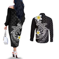 Aloha Hammerhead Shark Couples Matching Off The Shoulder Long Sleeve Dress and Long Sleeve Button Shirt Black Hawaiian Kakau Tribal Tattoo