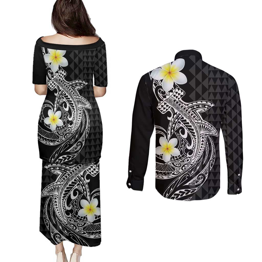 Aloha Hammerhead Shark Couples Matching Puletasi and Long Sleeve Button Shirt Black Hawaiian Kakau Tribal Tattoo