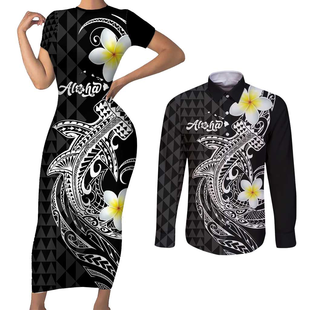 Aloha Hammerhead Shark Couples Matching Short Sleeve Bodycon Dress and Long Sleeve Button Shirt Black Hawaiian Kakau Tribal Tattoo