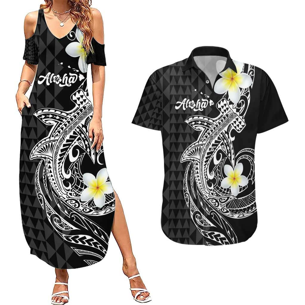 Aloha Hammerhead Shark Couples Matching Summer Maxi Dress and Hawaiian Shirt Black Hawaiian Kakau Tribal Tattoo