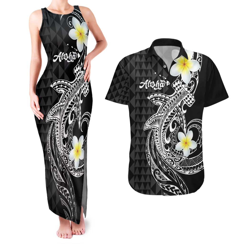 Aloha Hammerhead Shark Couples Matching Tank Maxi Dress and Hawaiian Shirt Black Hawaiian Kakau Tribal Tattoo