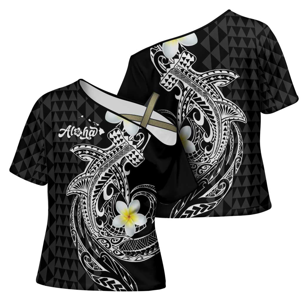 Aloha Hammerhead Shark Cross Shoulder Shirt Black Hawaiian Kakau Tribal Tattoo - Polynesian Pride