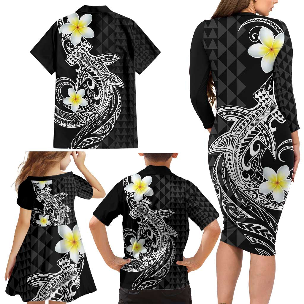 Aloha Hammerhead Shark Family Matching Long Sleeve Bodycon Dress and Hawaiian Shirt Black Hawaiian Kakau Tribal Tattoo