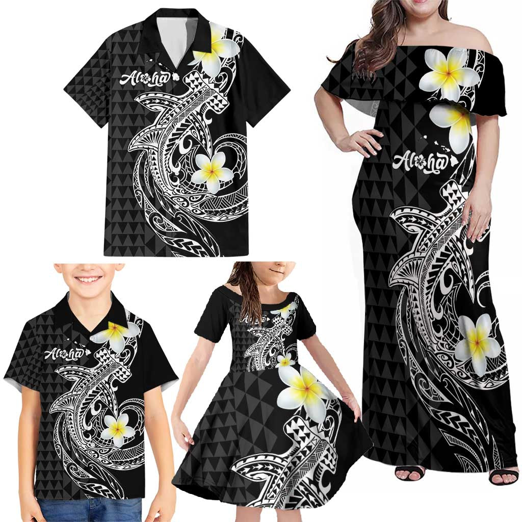 Aloha Hammerhead Shark Family Matching Off Shoulder Maxi Dress and Hawaiian Shirt Black Hawaiian Kakau Tribal Tattoo
