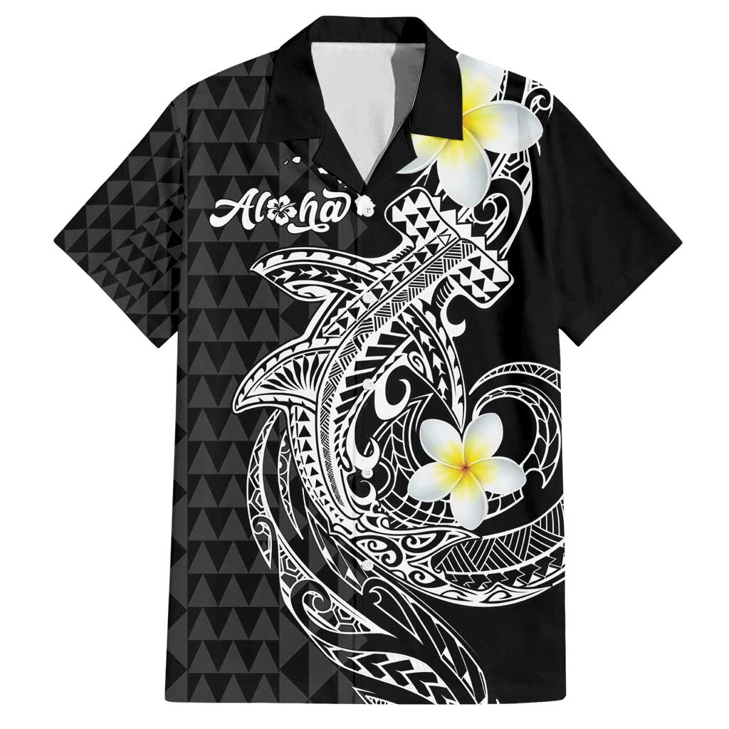 Aloha Hammerhead Shark Family Matching Off Shoulder Short Dress and Hawaiian Shirt Black Hawaiian Kakau Tribal Tattoo