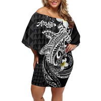 Aloha Hammerhead Shark Family Matching Off Shoulder Short Dress and Hawaiian Shirt Black Hawaiian Kakau Tribal Tattoo