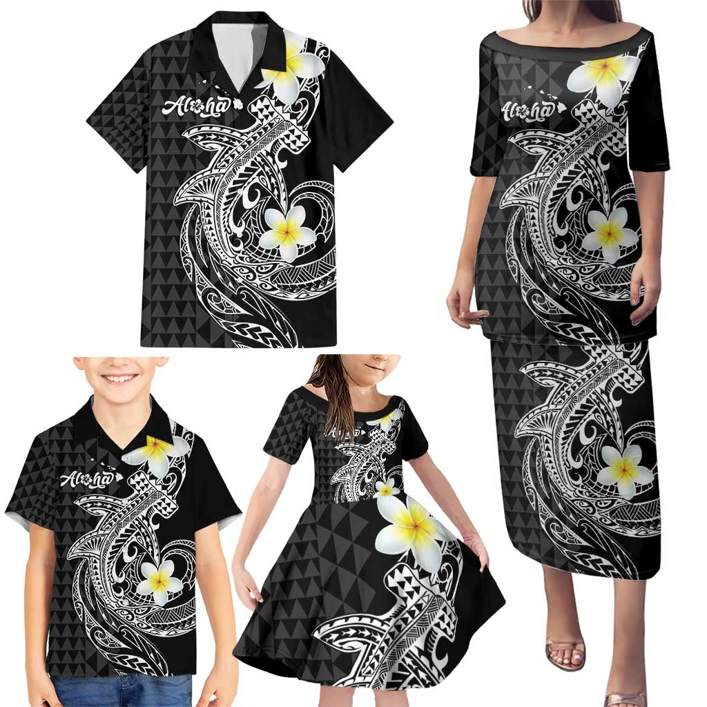 Aloha Hammerhead Shark Family Matching Puletasi and Hawaiian Shirt Black Hawaiian Kakau Tribal Tattoo