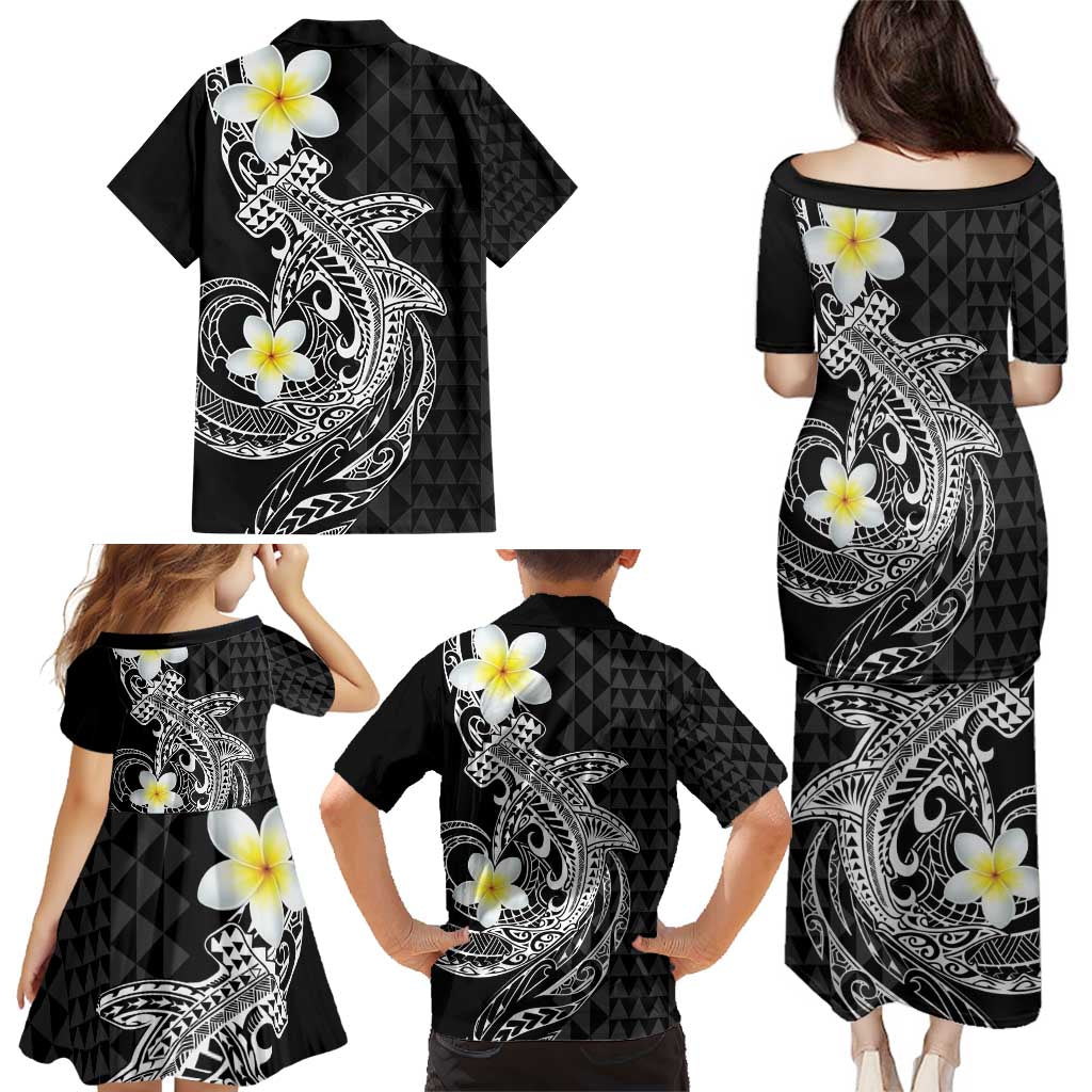 Aloha Hammerhead Shark Family Matching Puletasi and Hawaiian Shirt Black Hawaiian Kakau Tribal Tattoo