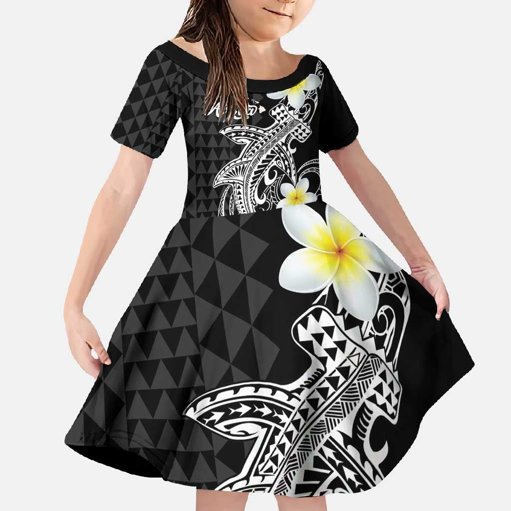 Aloha Hammerhead Shark Family Matching Short Sleeve Bodycon Dress and Hawaiian Shirt Black Hawaiian Kakau Tribal Tattoo