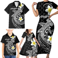 Aloha Hammerhead Shark Family Matching Short Sleeve Bodycon Dress and Hawaiian Shirt Black Hawaiian Kakau Tribal Tattoo