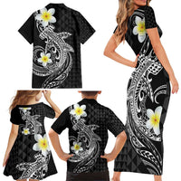 Aloha Hammerhead Shark Family Matching Short Sleeve Bodycon Dress and Hawaiian Shirt Black Hawaiian Kakau Tribal Tattoo