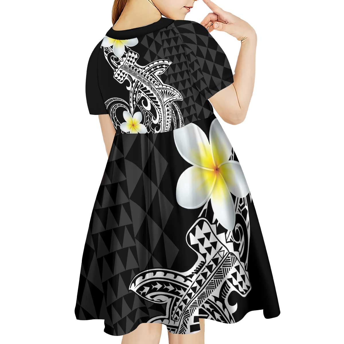 Aloha Hammerhead Shark Kid Short Sleeve Dress Black Hawaiian Kakau Tribal Tattoo