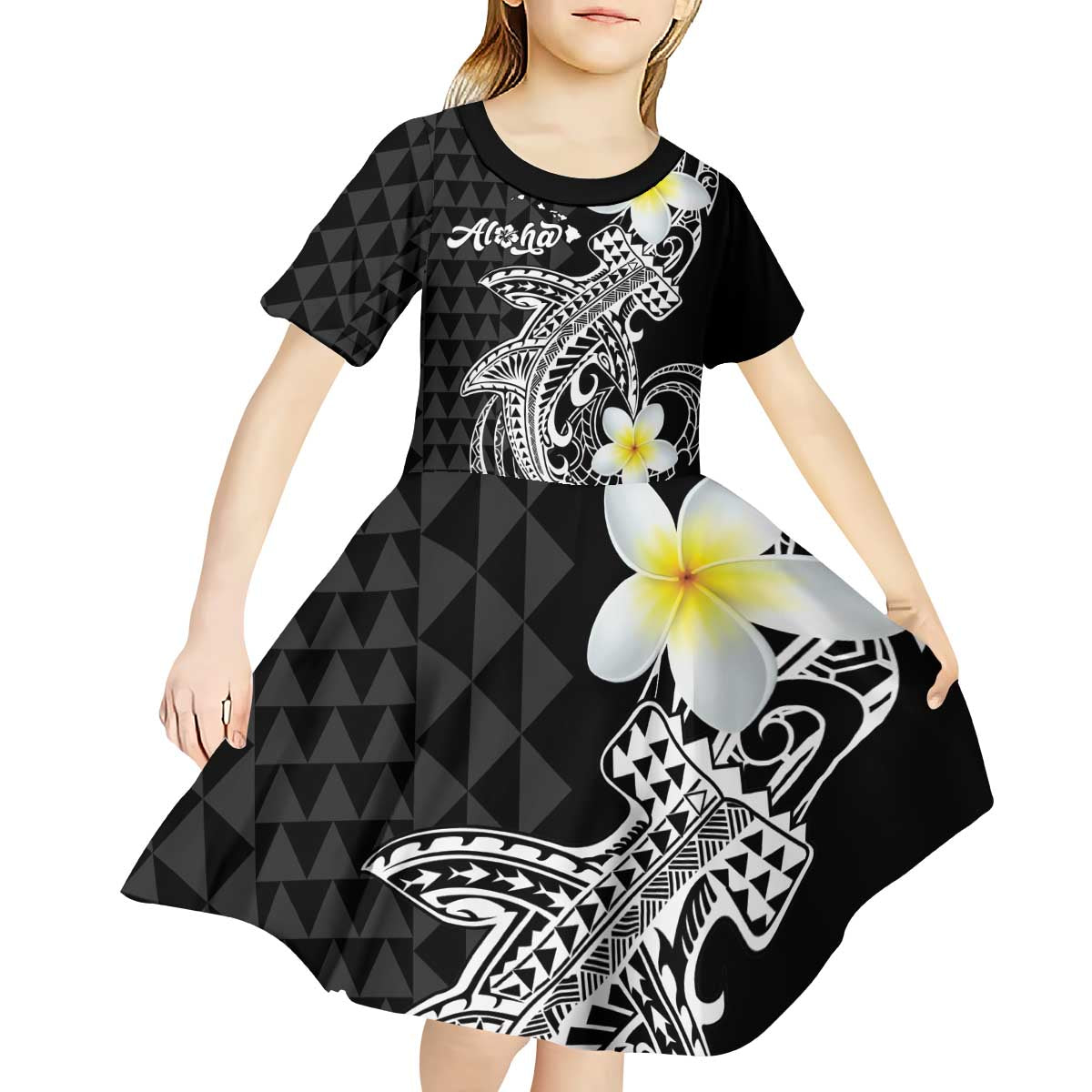 Aloha Hammerhead Shark Kid Short Sleeve Dress Black Hawaiian Kakau Tribal Tattoo