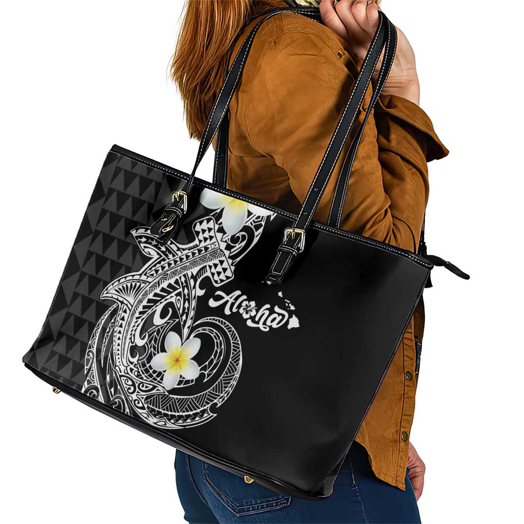Aloha Hammerhead Shark Leather Tote Bag Black Hawaiian Kakau Tribal Tattoo