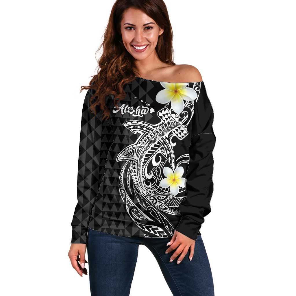 Aloha Hammerhead Shark Off Shoulder Sweater Black Hawaiian Kakau Tribal Tattoo