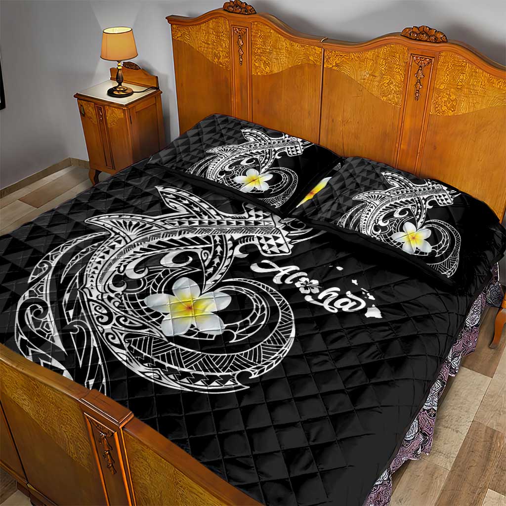 Aloha Hammerhead Shark Quilt Bed Set Black Hawaiian Kakau Tribal Tattoo