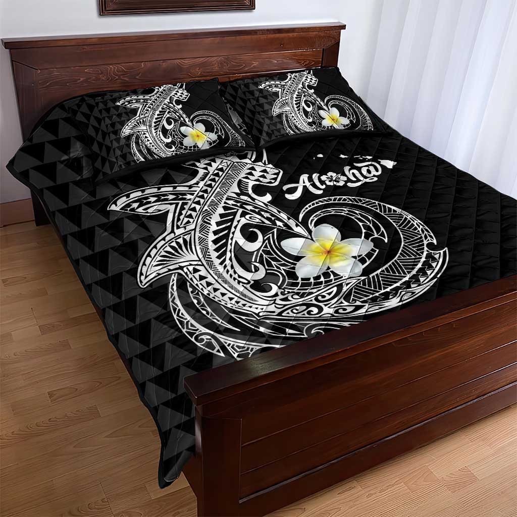 Aloha Hammerhead Shark Quilt Bed Set Black Hawaiian Kakau Tribal Tattoo