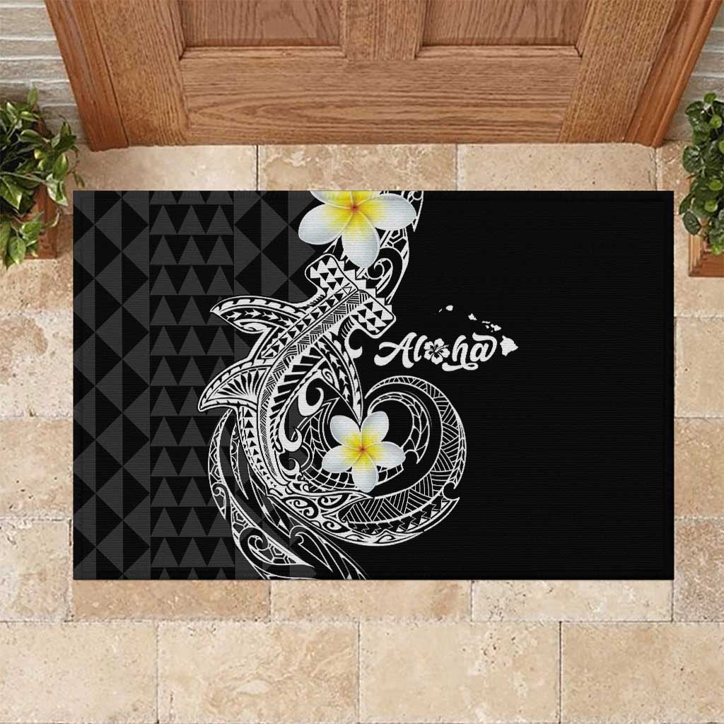 Aloha Hammerhead Shark Rubber Doormat Black Hawaiian Kakau Tribal Tattoo