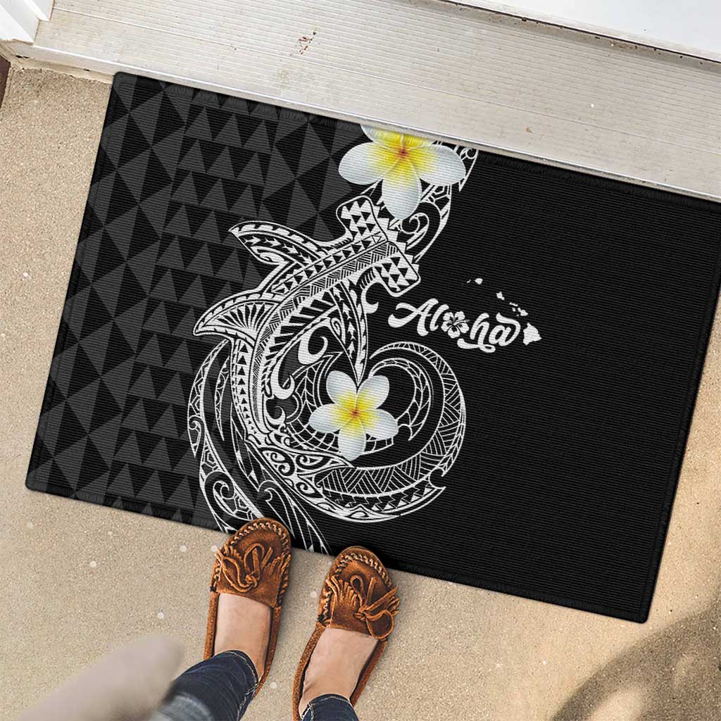 Aloha Hammerhead Shark Rubber Doormat Black Hawaiian Kakau Tribal Tattoo