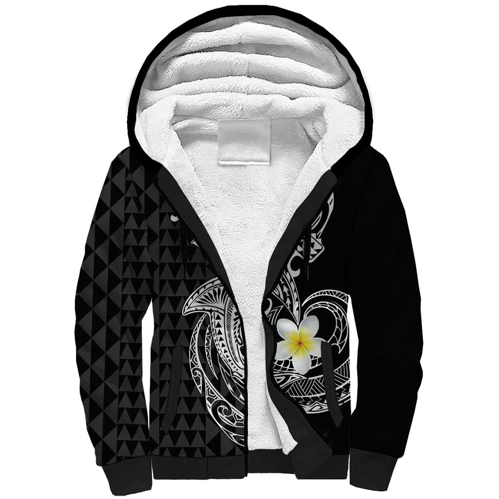 Aloha Hammerhead Shark Sherpa Hoodie Black Hawaiian Kakau Tribal Tattoo