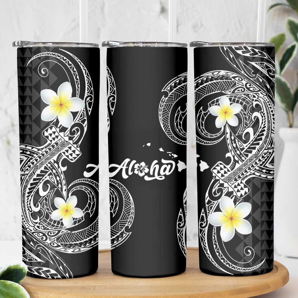 Aloha Hammerhead Shark Skinny Tumbler Black Hawaiian Kakau Tribal Tattoo