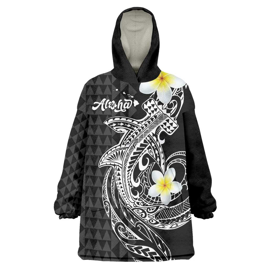 Aloha Hammerhead Shark Wearable Blanket Hoodie Black Hawaiian Kakau Tribal Tattoo