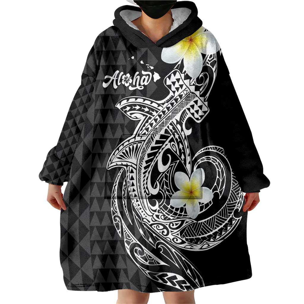 Aloha Hammerhead Shark Wearable Blanket Hoodie Black Hawaiian Kakau Tribal Tattoo