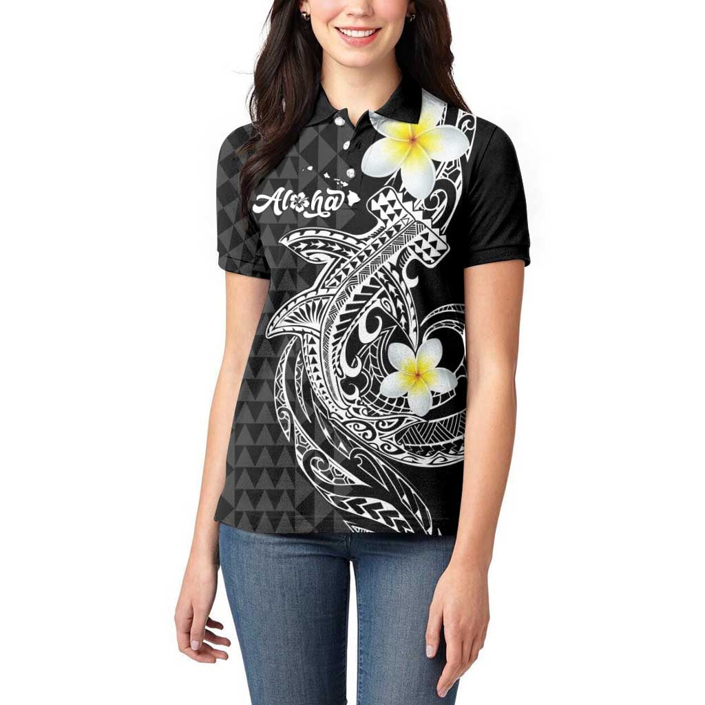 Aloha Hammerhead Shark Women Polo Shirt Black Hawaiian Kakau Tribal Tattoo